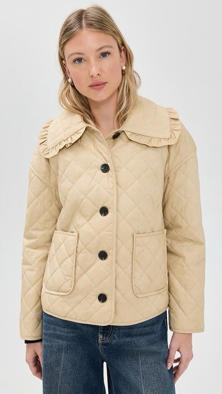 Avec Les Filles Ruffle Collar Quilted Jacket Womens 1X Plus Beige Sand Fall NEW